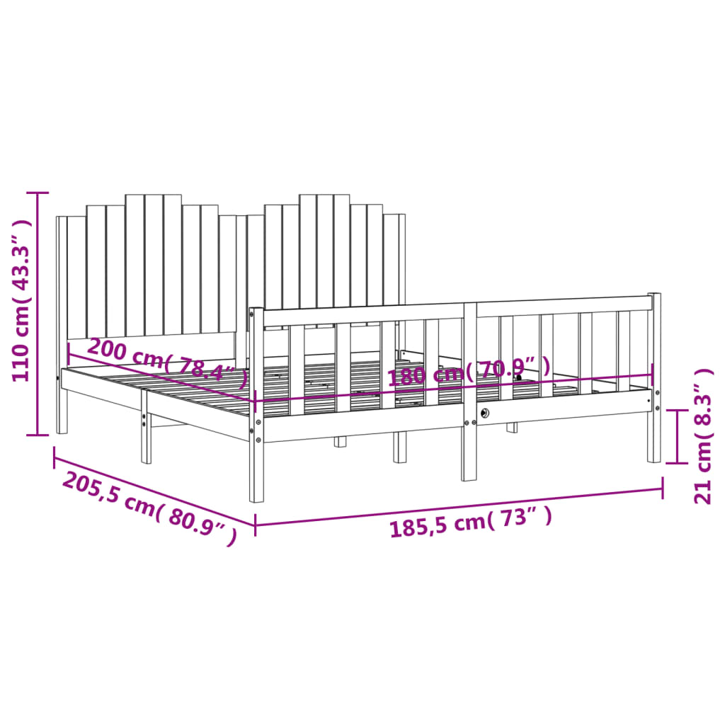 vidaXL Estrutura de cama com cabeceira 180x200 cm madeira maciça preto