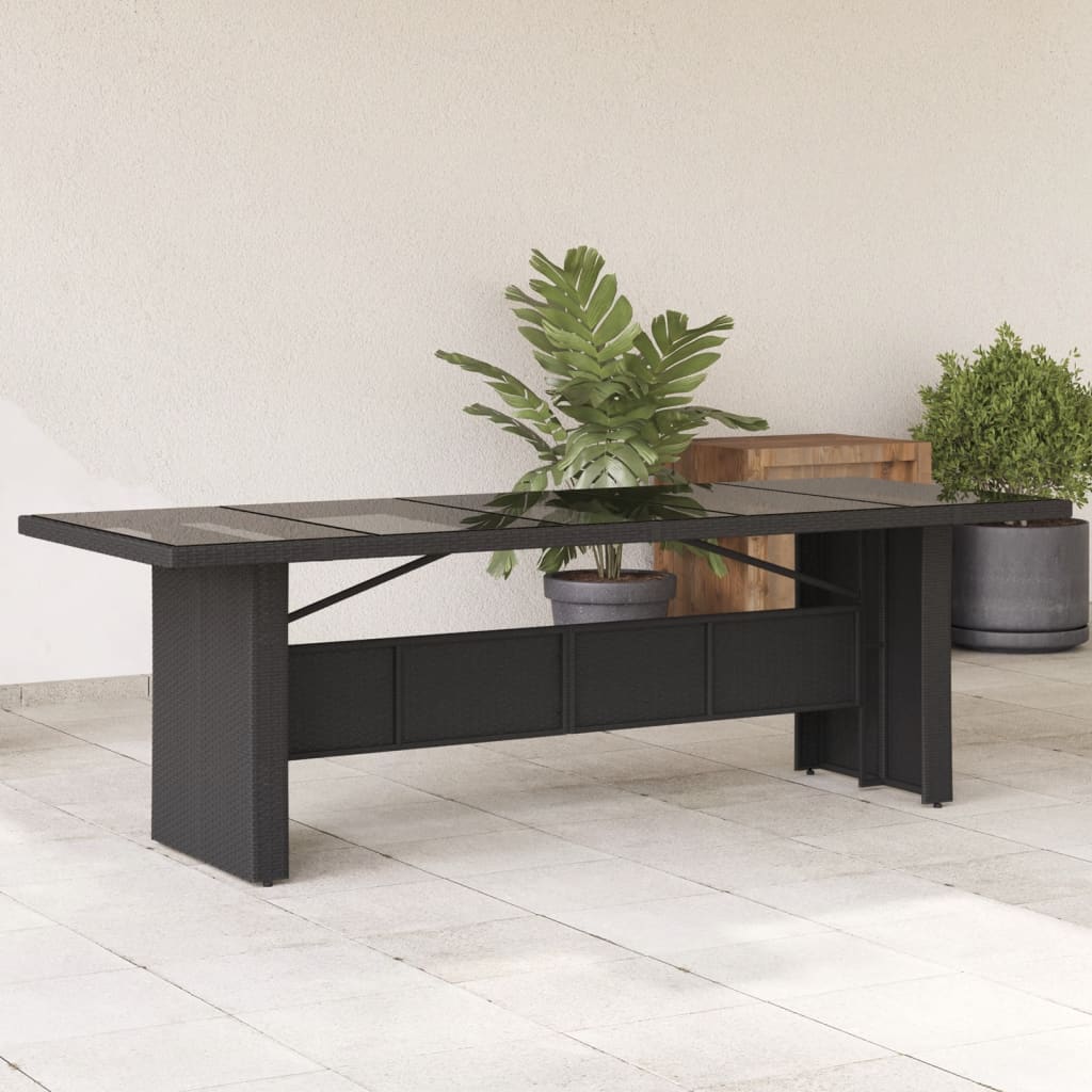 vidaXL Mesa de jardim com tampo de vidro 240x90x75 cm vime PE preto