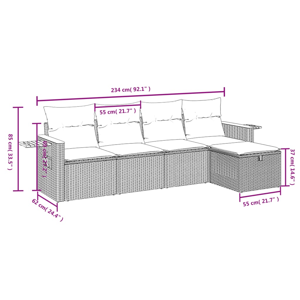 vidaXL 5 pcs conjunto sofás de jardim c/ almofadões vime PE cinzento