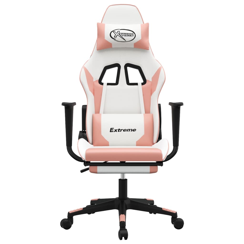 vidaXL Cadeira gaming com apoio p/ pés couro artificial branco e rosa