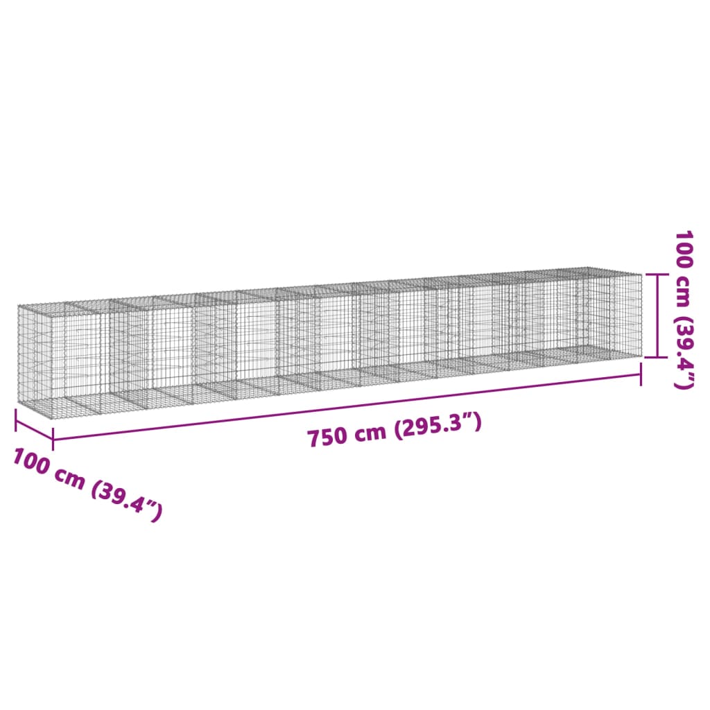 vidaXL Cesto gabião com cobertura 750x100x100 cm ferro galvanizado