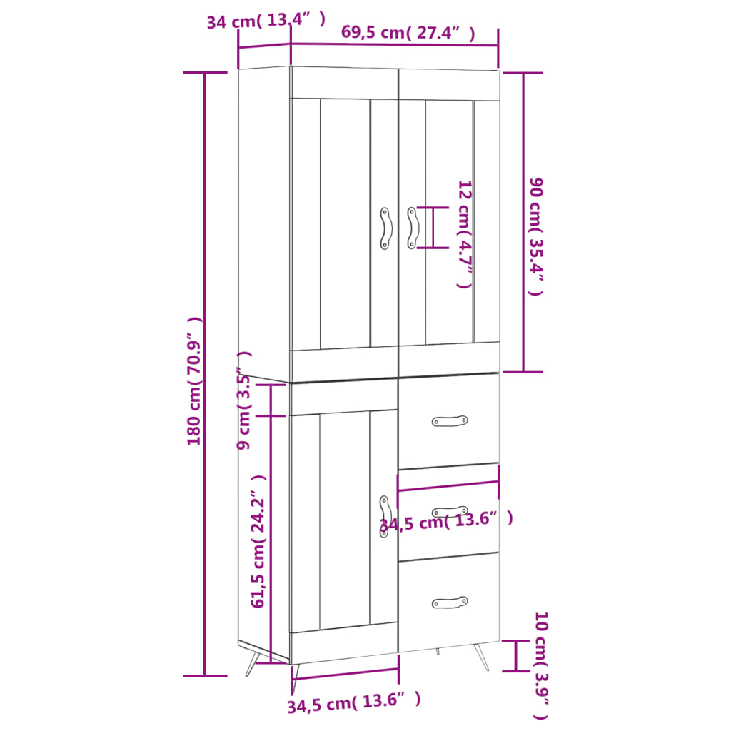 vidaXL Armário alto 69,5x34x180 cm derivados de madeira sonoma cinza