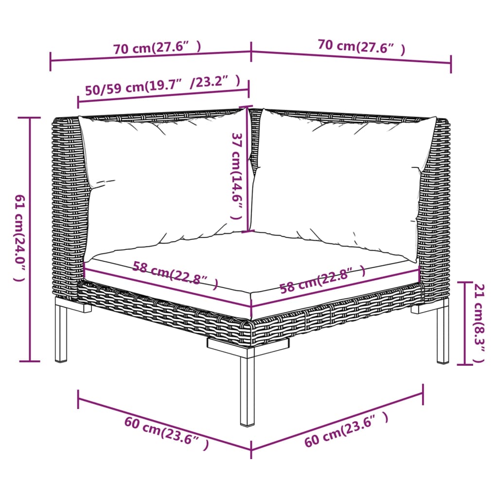 vidaXL 12 pcs conj. lounge jardim c/ almofadões vime PE cinza-escuro