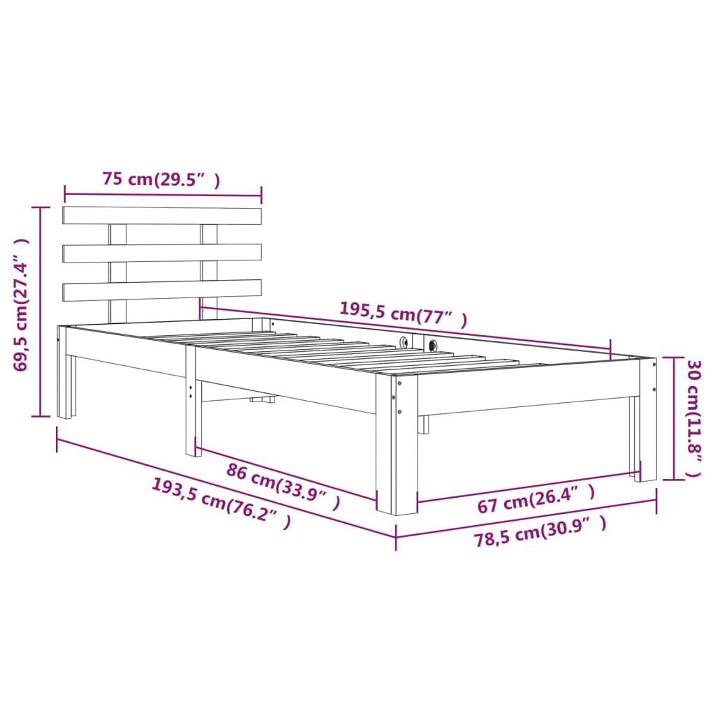 vidaXL Estrutura cama pequena solteiro 75x190 cm madeira maciça