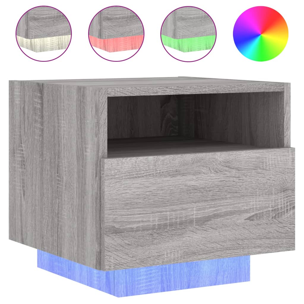 vidaXL Mesa de cabeceira com luzes LED 40x39x37 cm cinzento-sonoma