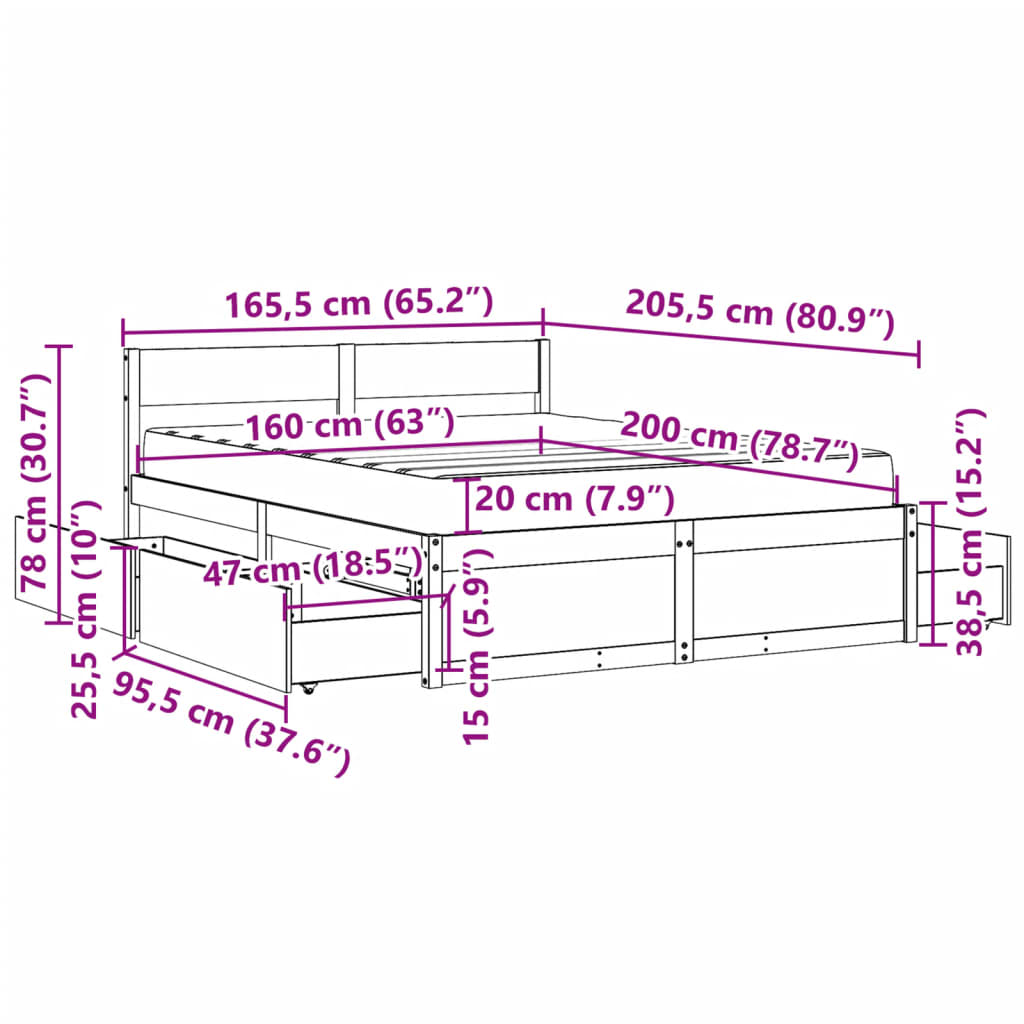 vidaXL Cama com gavetas e colchão 160x200 cm pinho maciço branco