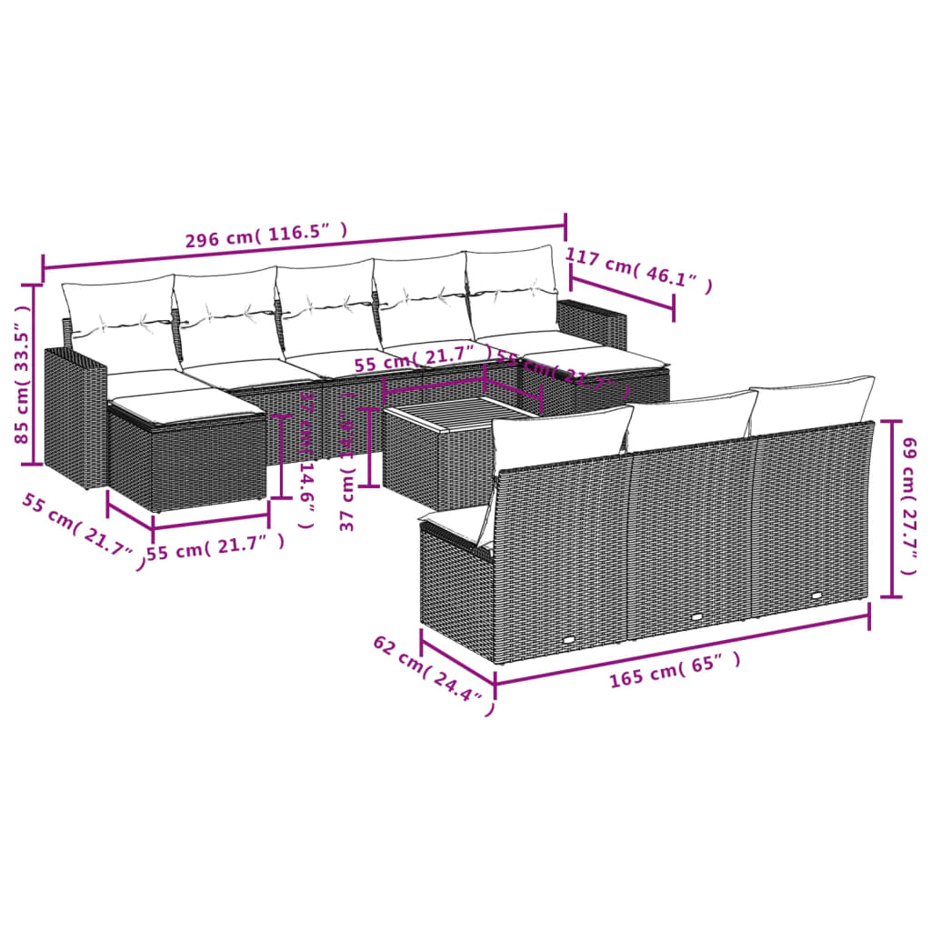 vidaXL 11 pcs conjunto sofás de jardim c/ almofadões vime PE preto