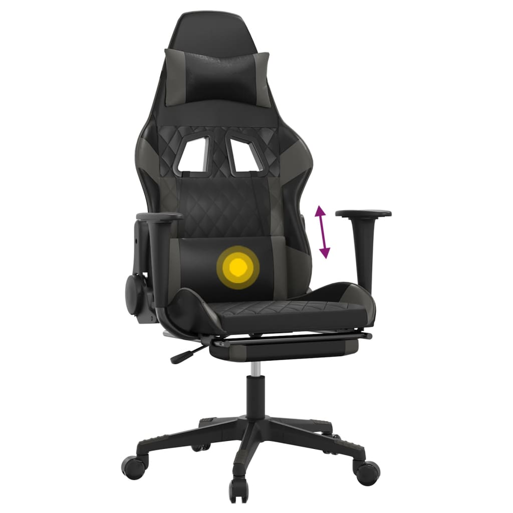 vidaXL Cadeira gaming massagens c/ apoio pés couro artif. preto/cinza