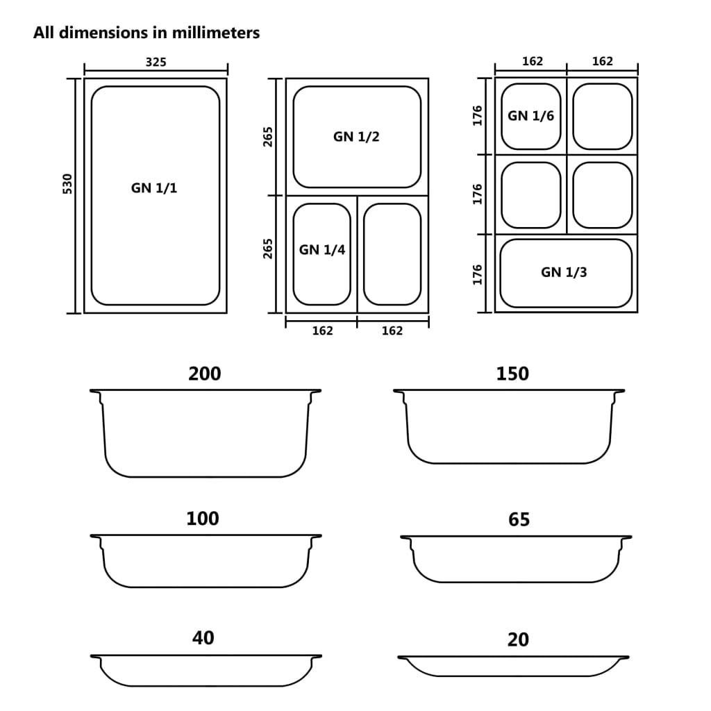 vidaXL Recipientes gastronorm 4 pcs GN 1/2 100 mm aço inoxidável