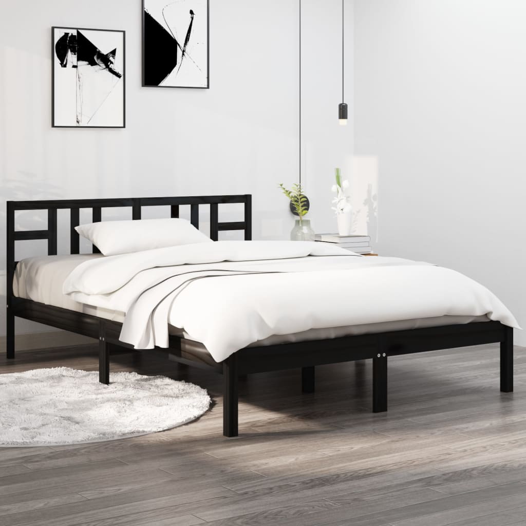 vidaXL Estrutura de cama casal 135x190 cm madeira maciça preto