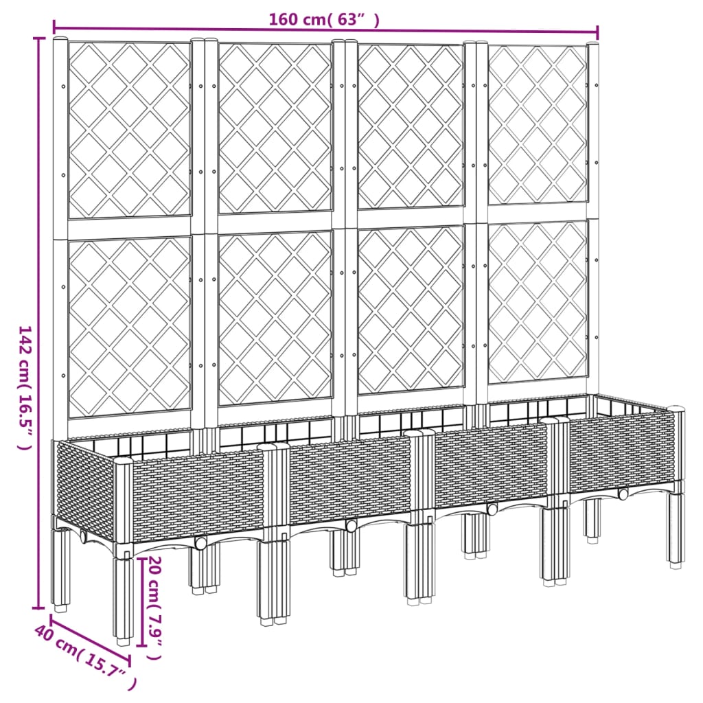 vidaXL Vaso/floreira de jardim c/ treliça 160x40x142 cm PP castanho