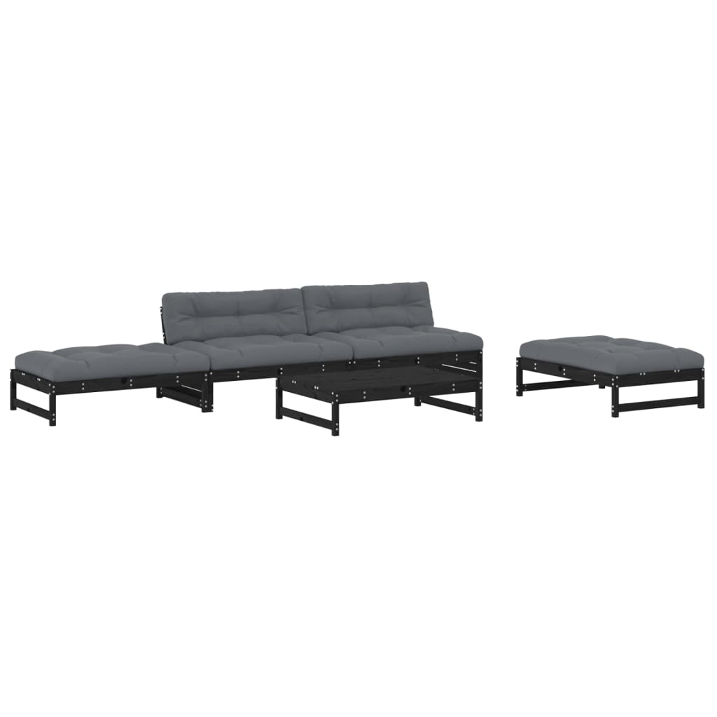 vidaXL 5pcs conjunto lounge jardim com almofadões madeira maciça preto