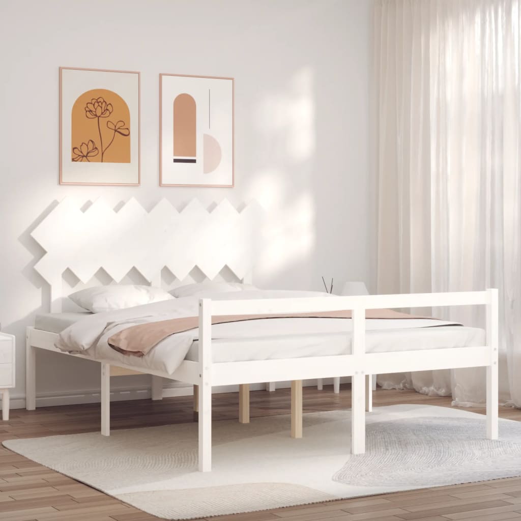 vidaXL Cama para idosos king size com cabeceira madeira maciça branco