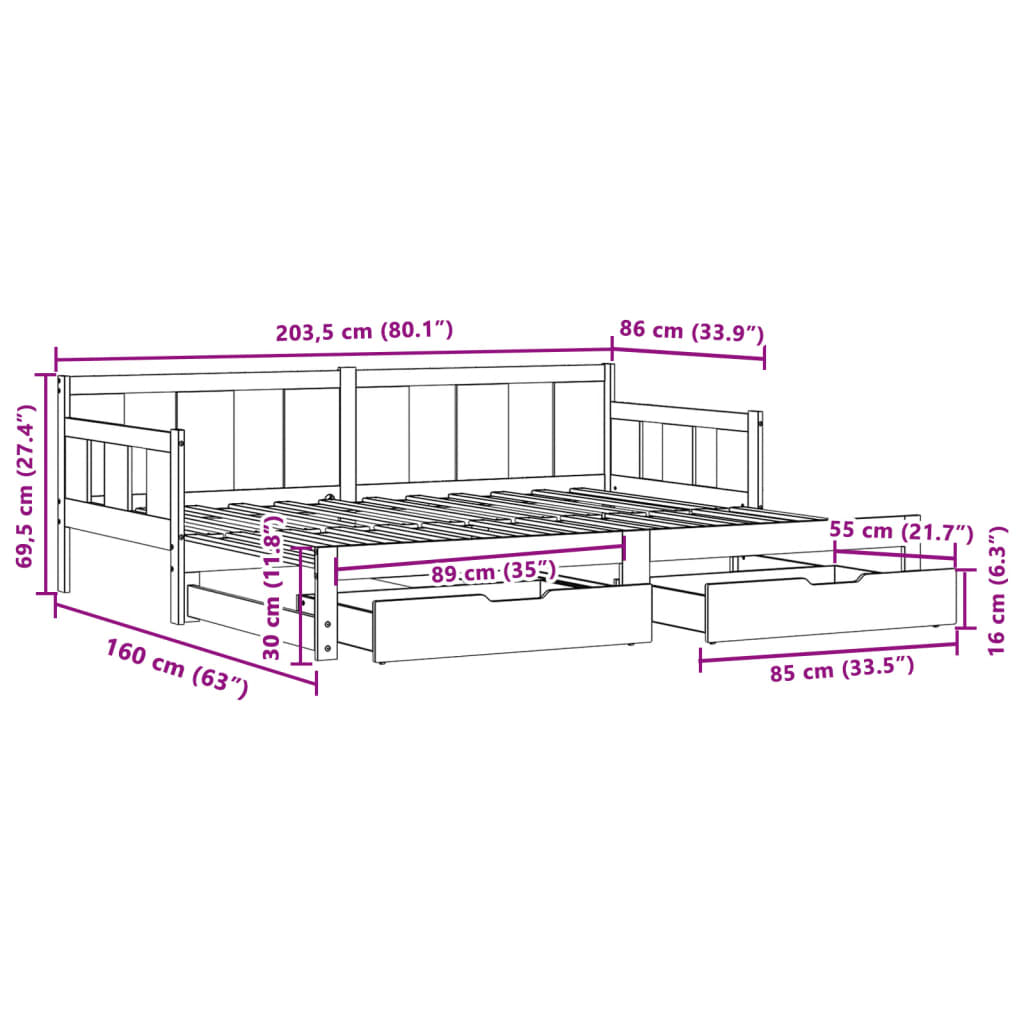 vidaXL Sofá-cama com gavetão e gavetas 80x200 cm madeira de pinho