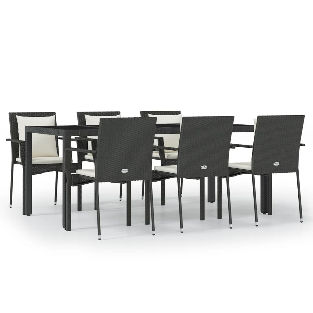 vidaXL 7 pcs conjunto de jantar p/ jardim c/ almofadões vime PE preto