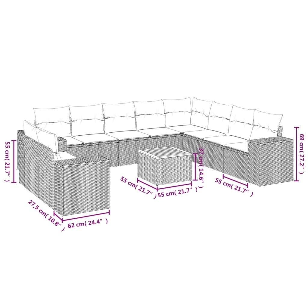 vidaXL 11 pcs conjunto sofás de jardim c/ almofadões vime PE bege