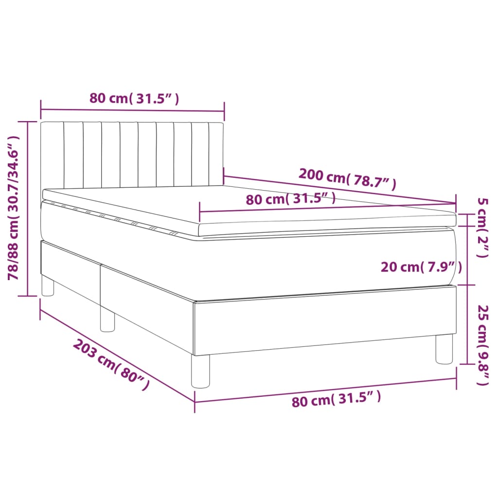 vidaXL Cama box spring c/ colchão e LED 80x200 cm tecido cinza-claro