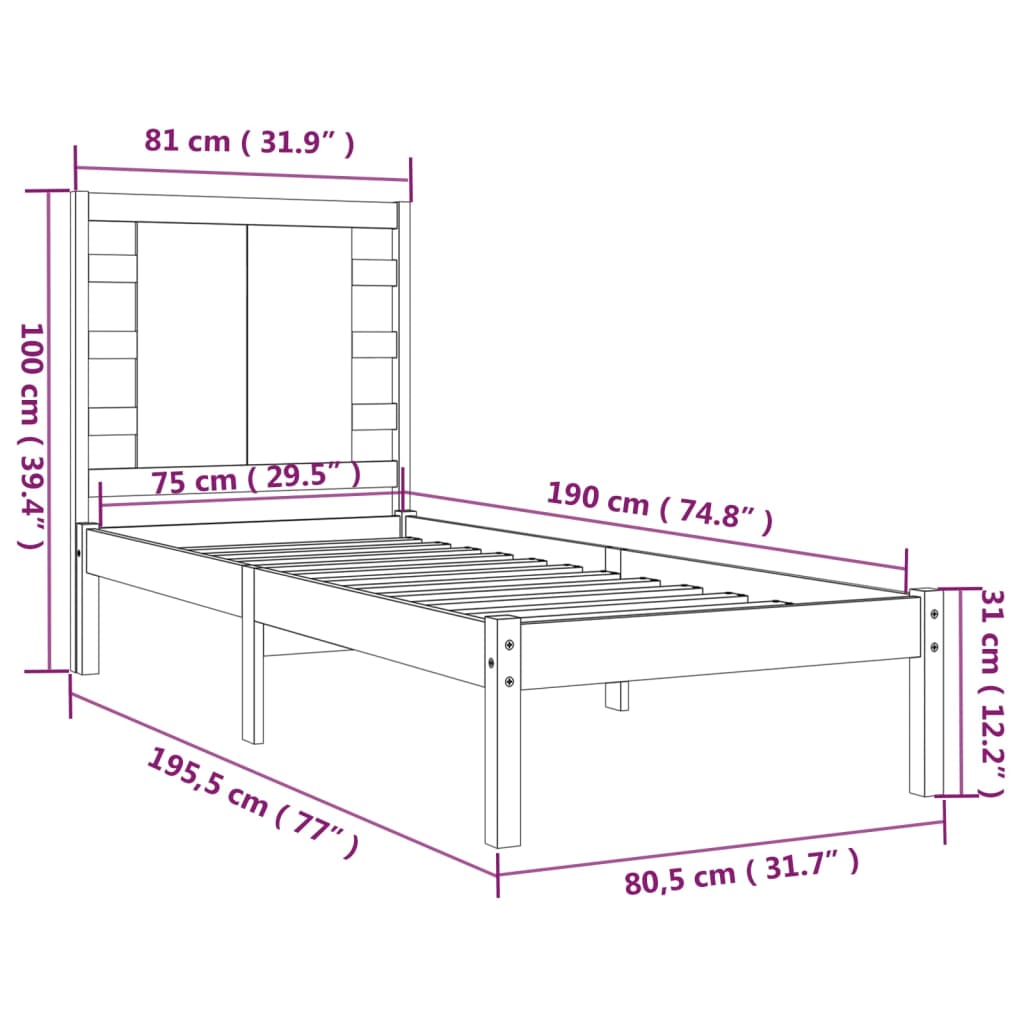 vidaXL Estrutura cama pequena solteiro 75x190 cm madeira maciça