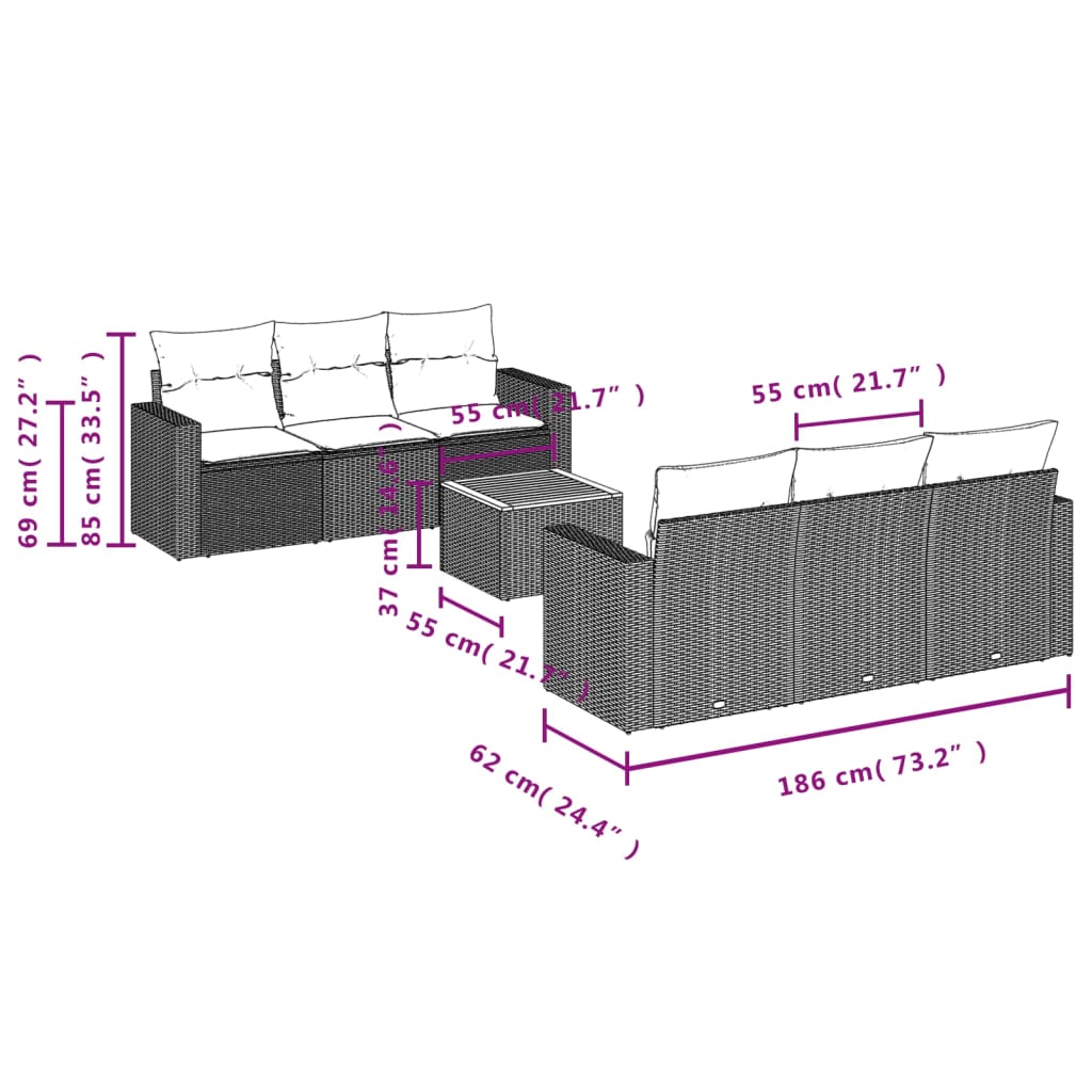 vidaXL 7 pcs conjunto sofás p/ jardim c/ almofadões vime PE cinzento