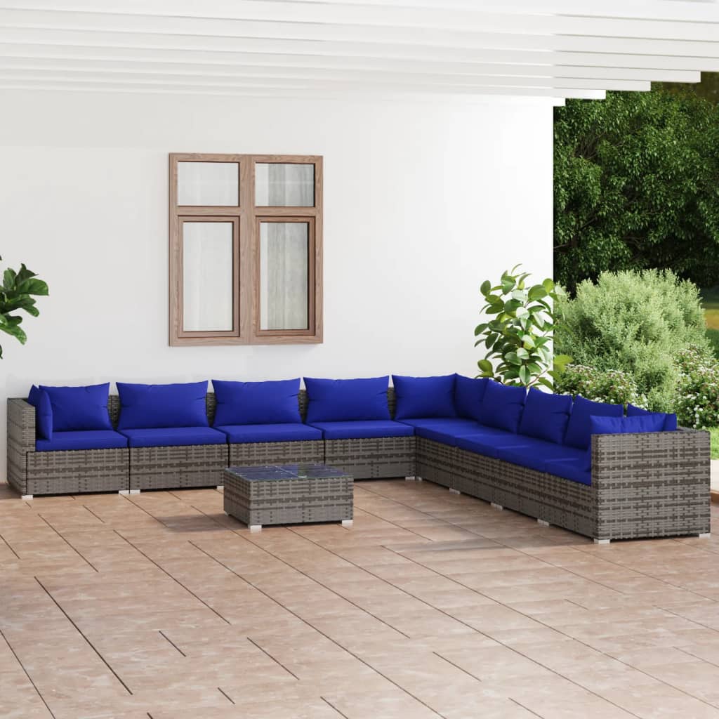 vidaXL 10 pcs conjunto lounge de jardim c/ almofadões vime PE cinzento