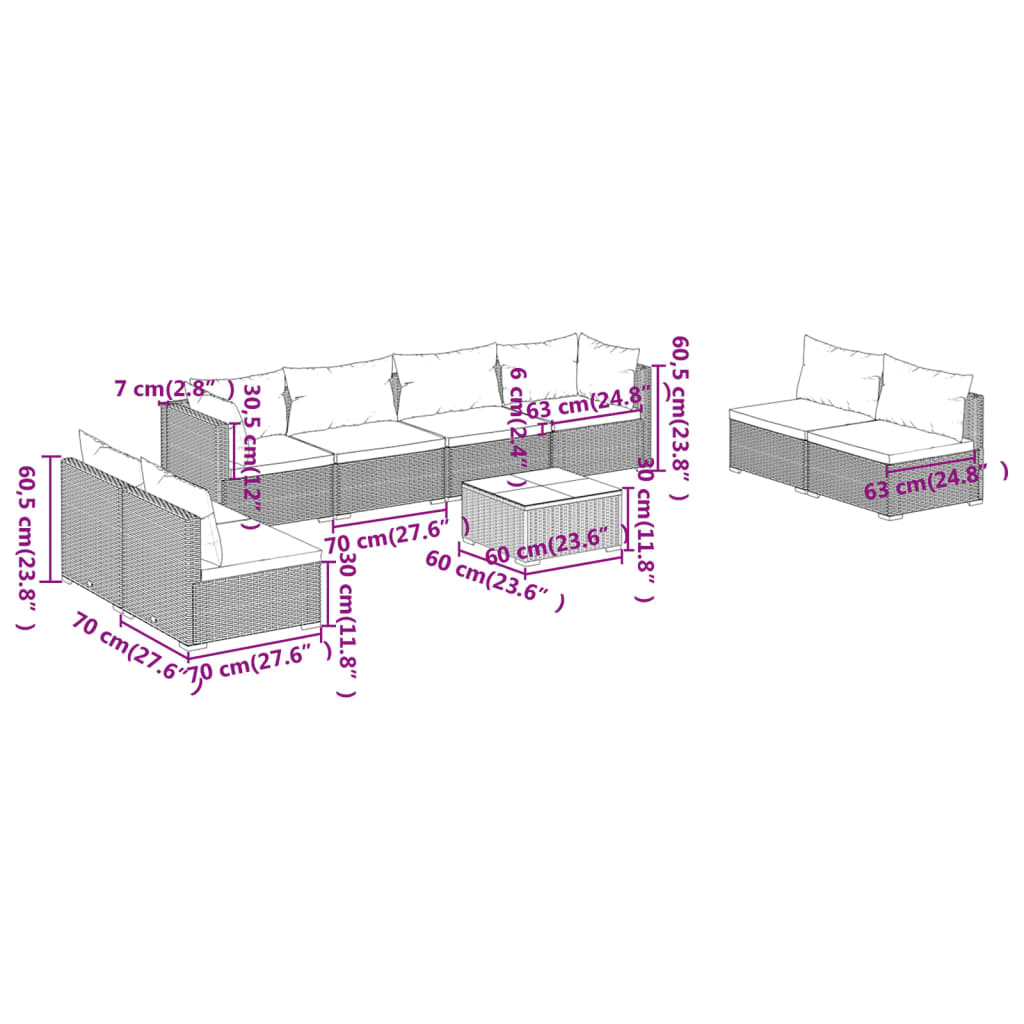 vidaXL 9 pcs conjunto lounge de jardim c/ almofadões vime PE preto