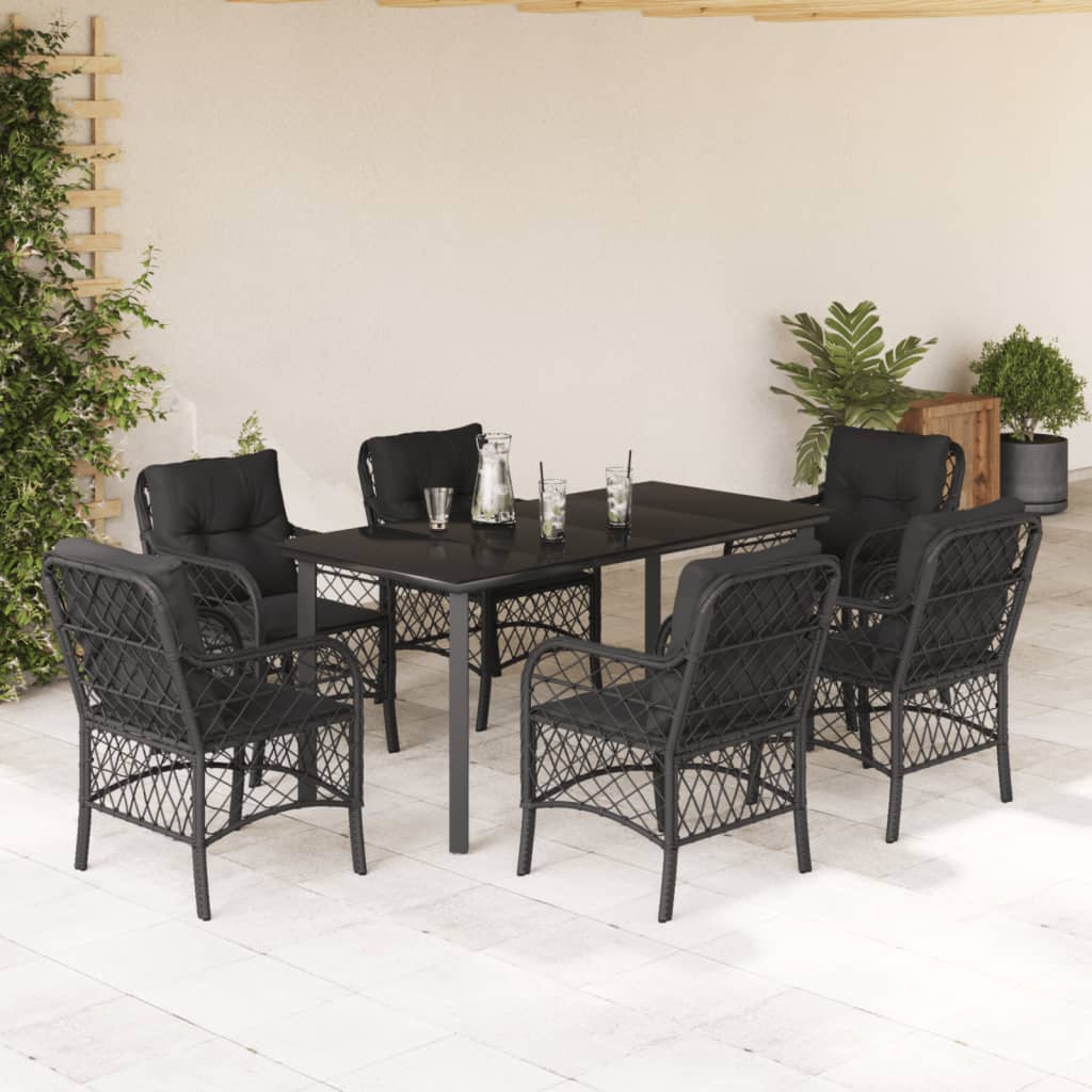 vidaXL 7 pcs conjunto de jantar p/ jardim c/ almofadões vime PE preto