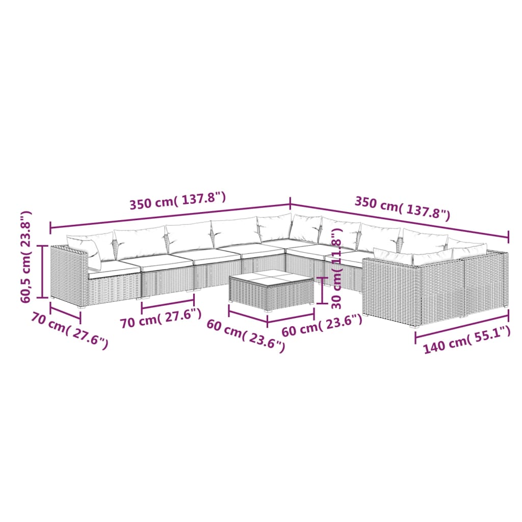 vidaXL 11 pcs conjunto lounge de jardim c/ almofadões vime PE cinzento