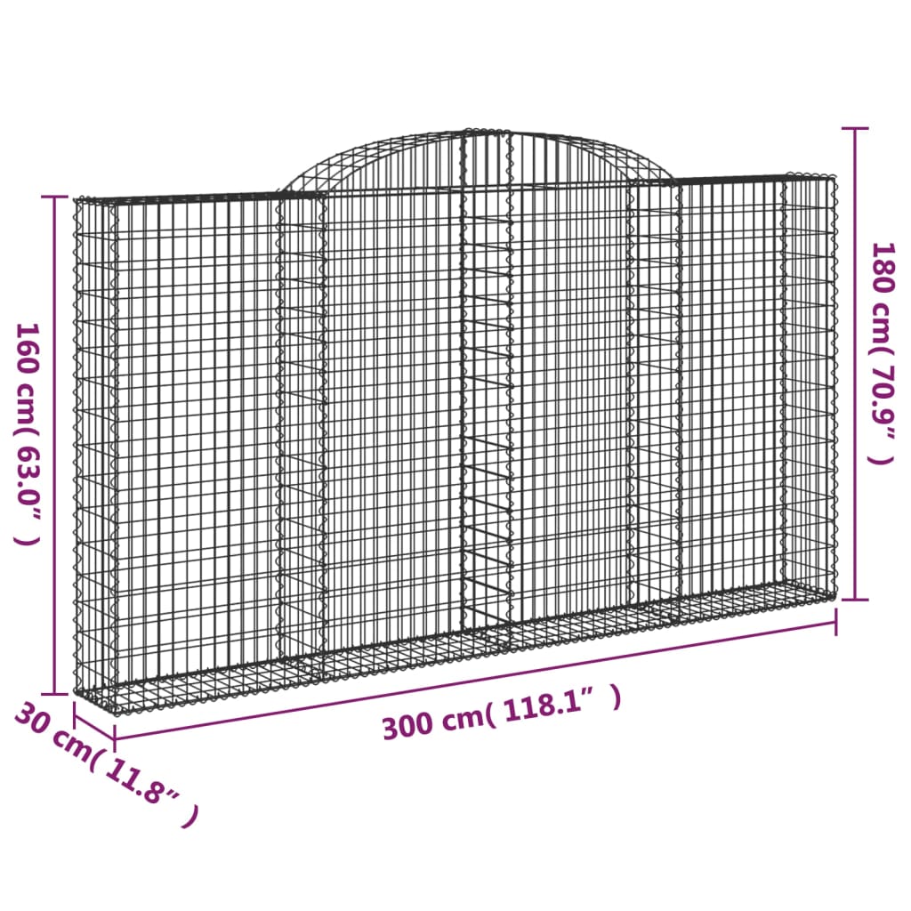 vidaXL Cestos gabião arqueados 2pcs 300x30x160/180cm ferro galvanizado