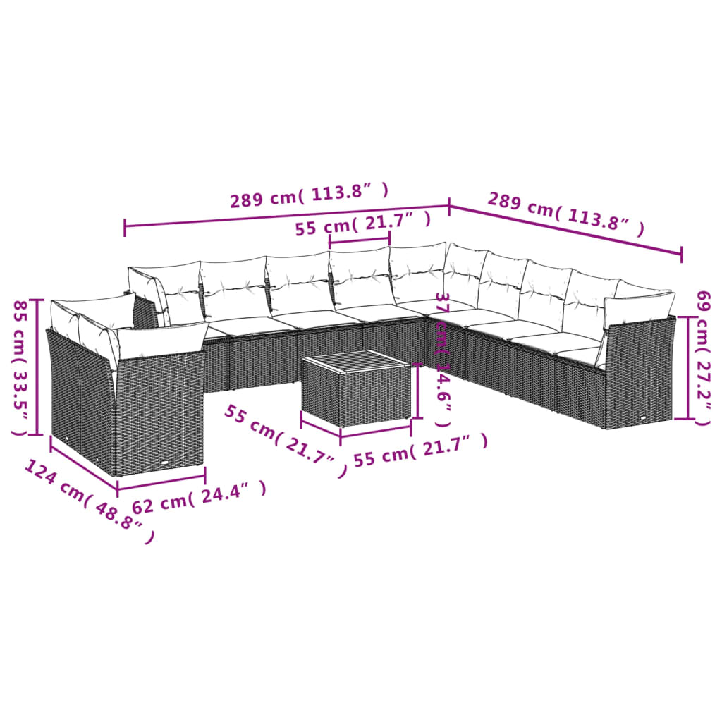 vidaXL 12 pcs conjunto de sofás p/ jardim com almofadões vime PE bege