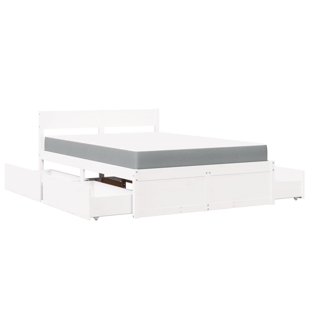 vidaXL Cama com gavetas e colchão 140x190 cm pinho maciço branco