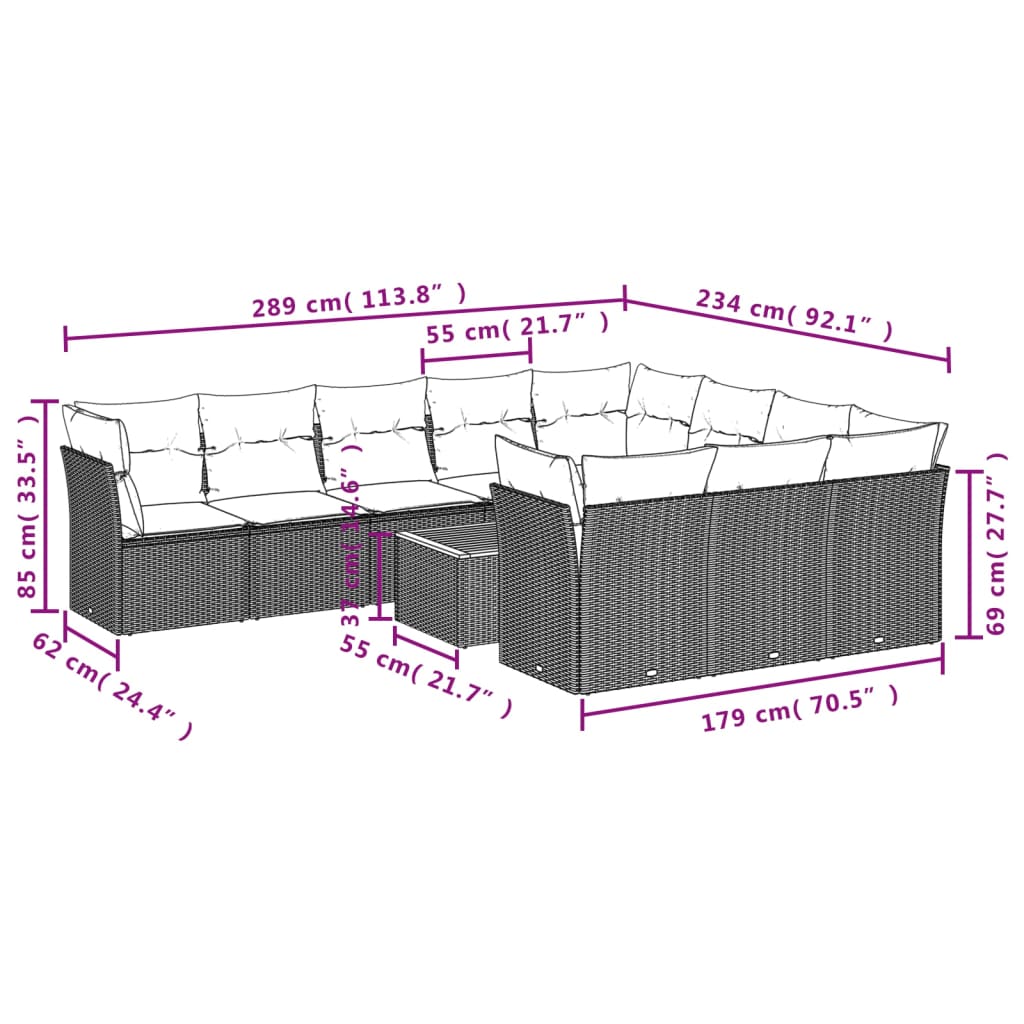 vidaXL 11 pcs conjunto sofás de jardim c/ almofadões vime PE preto