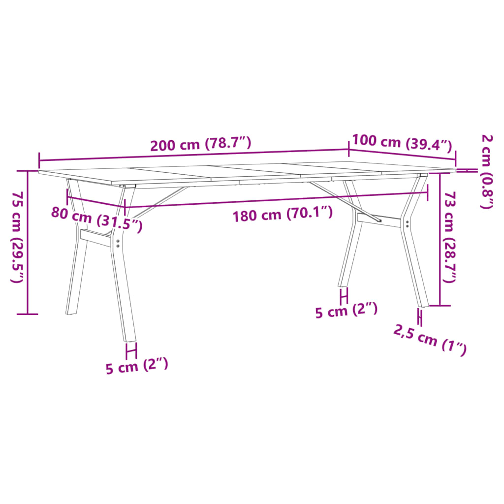 vidaXL Mesa de jantar estrutura em Y 200x100x75 cm pinho/ferro fundido