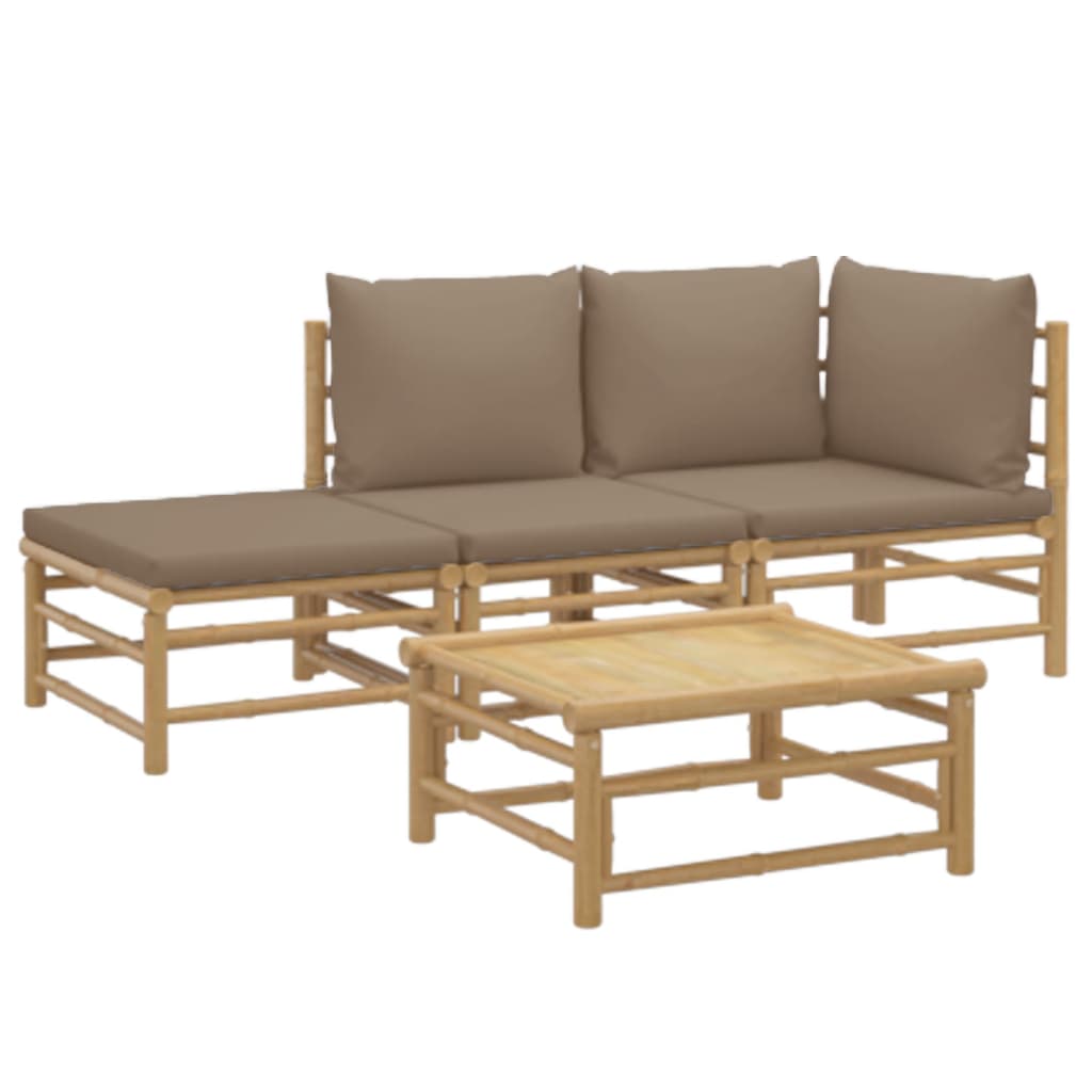 vidaXL 4 pcs conj. lounge jardim bambu c/ almofadões cinza-acastanhado