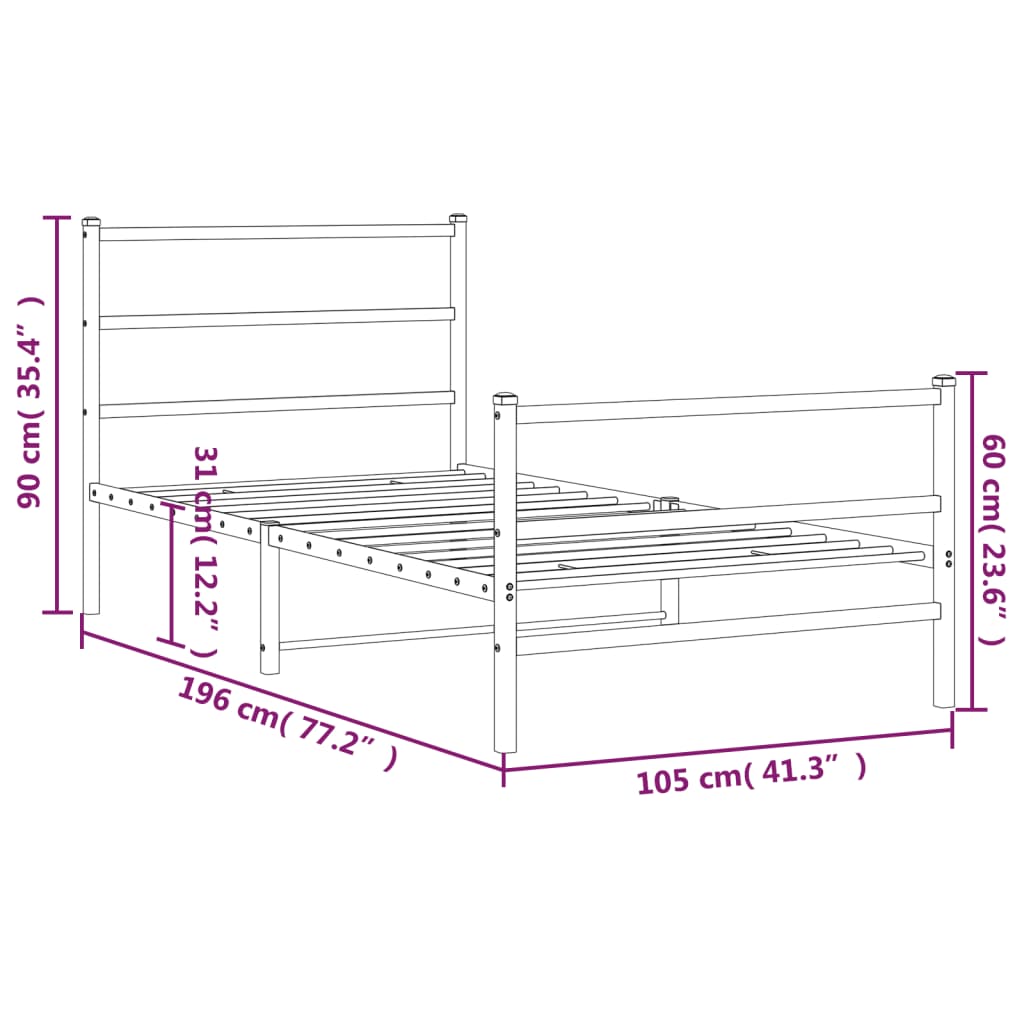 vidaXL Estrutura de cama com cabeceira e pés 100x190 cm metal preto