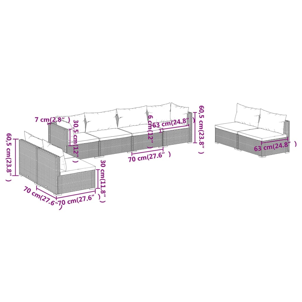 vidaXL 8 pcs conjunto lounge de jardim c/ almofadões vime PE cinzento