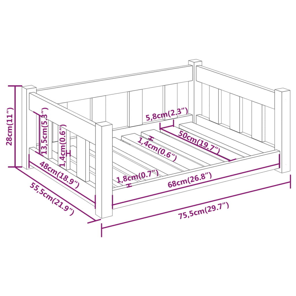 vidaXL Cama para cães 75,5x55,5x28 cm madeira de pinho maciça branco