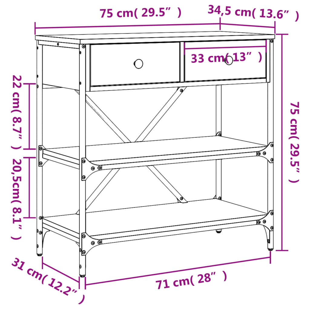 vidaXL Mesa consola 75x34,5x75 cm derivados de madeira carvalho sonoma