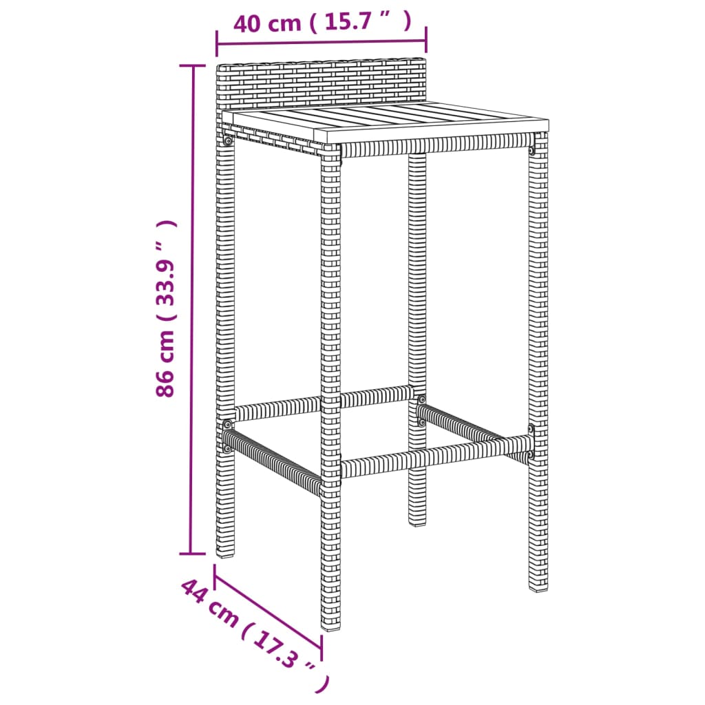 vidaXL 3 pcs conjunto de bar p/ jardim vime PE/acácia maciça preto