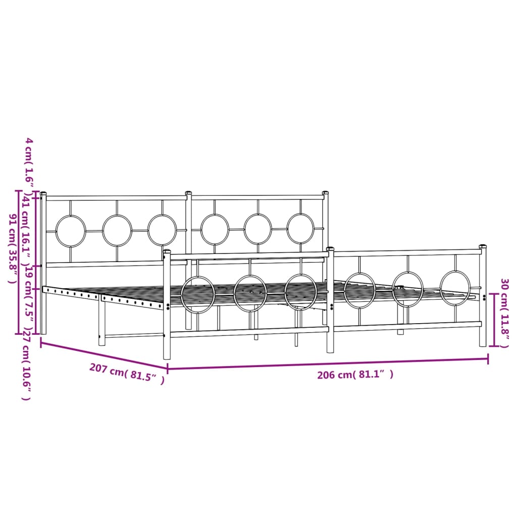 vidaXL Estrutura de cama com cabeceira e pés 200x200 cm metal preto