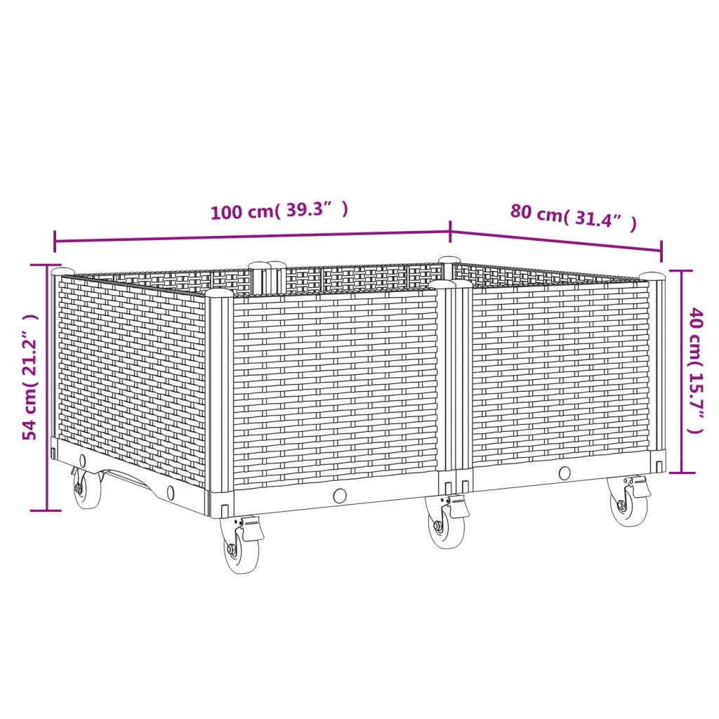 vidaXL Vaso/floreira de jardim c/ rodas 100x80x54 cm PP cinzento