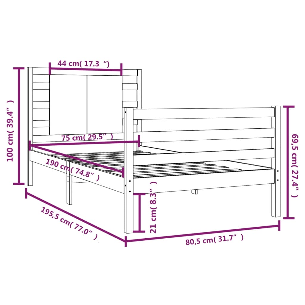 vidaXL Estrutura de cama pequena solteiro 2FT6 75x190 cm pinho maciço