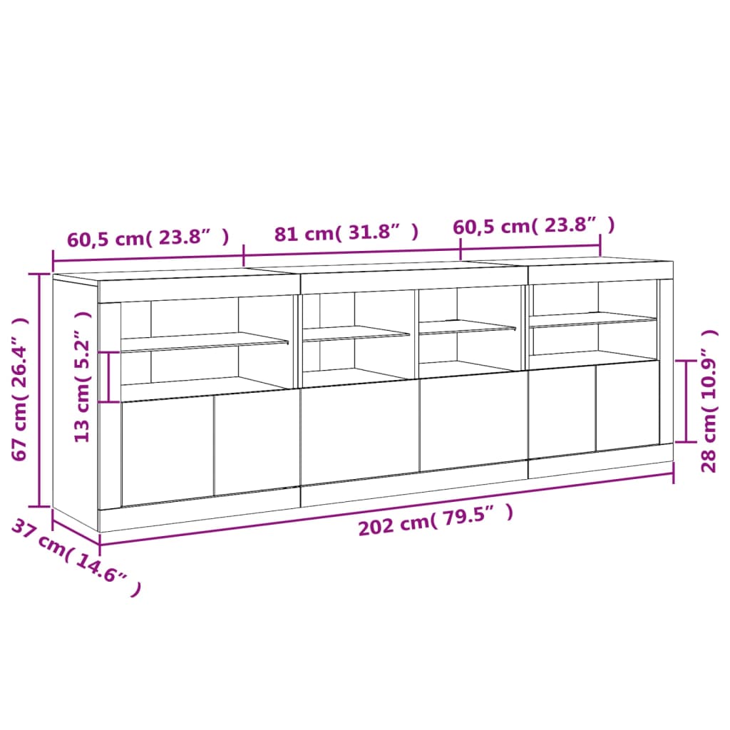 vidaXL Aparador com luzes LED 202x37x67 cm branco