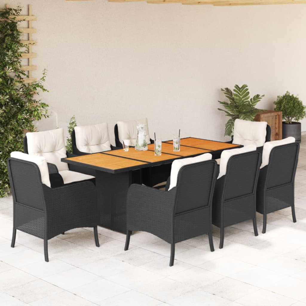 vidaXL 9 pcs conjunto de jantar p/ jardim c/ almofadões vime PE preto