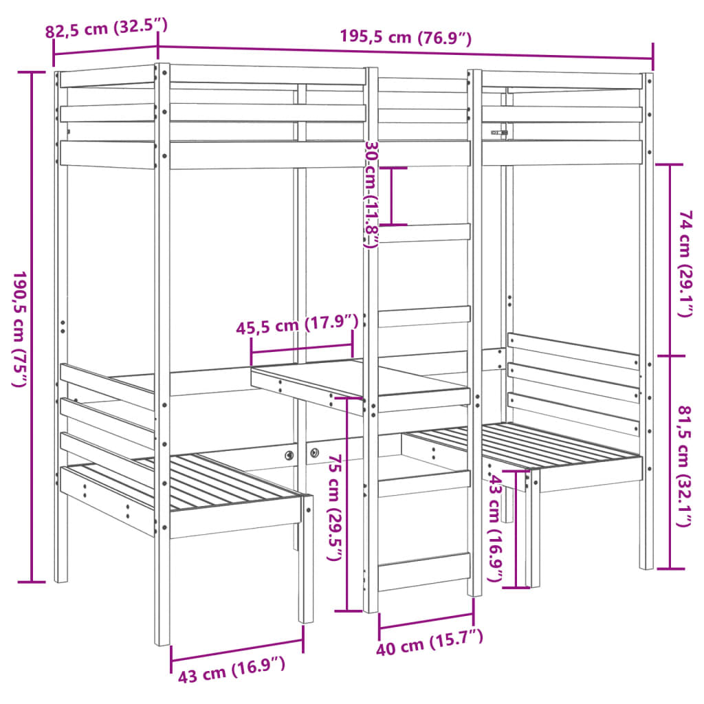 vidaXL Cama alta c/ secretária/cadeiras 75x190 cm pinho maciço branco