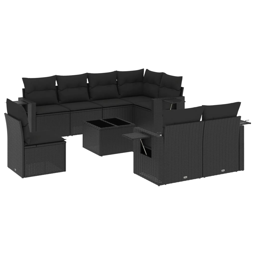 vidaXL 9 pcs conjunto de sofás p/ jardim c/ almofadões vime PE preto