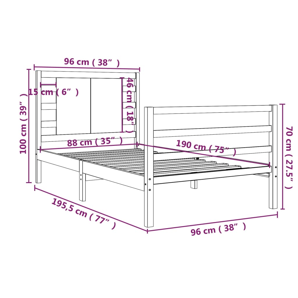 vidaXL Estrutura de cama solteiro 90x190 cm pinho maciço branco