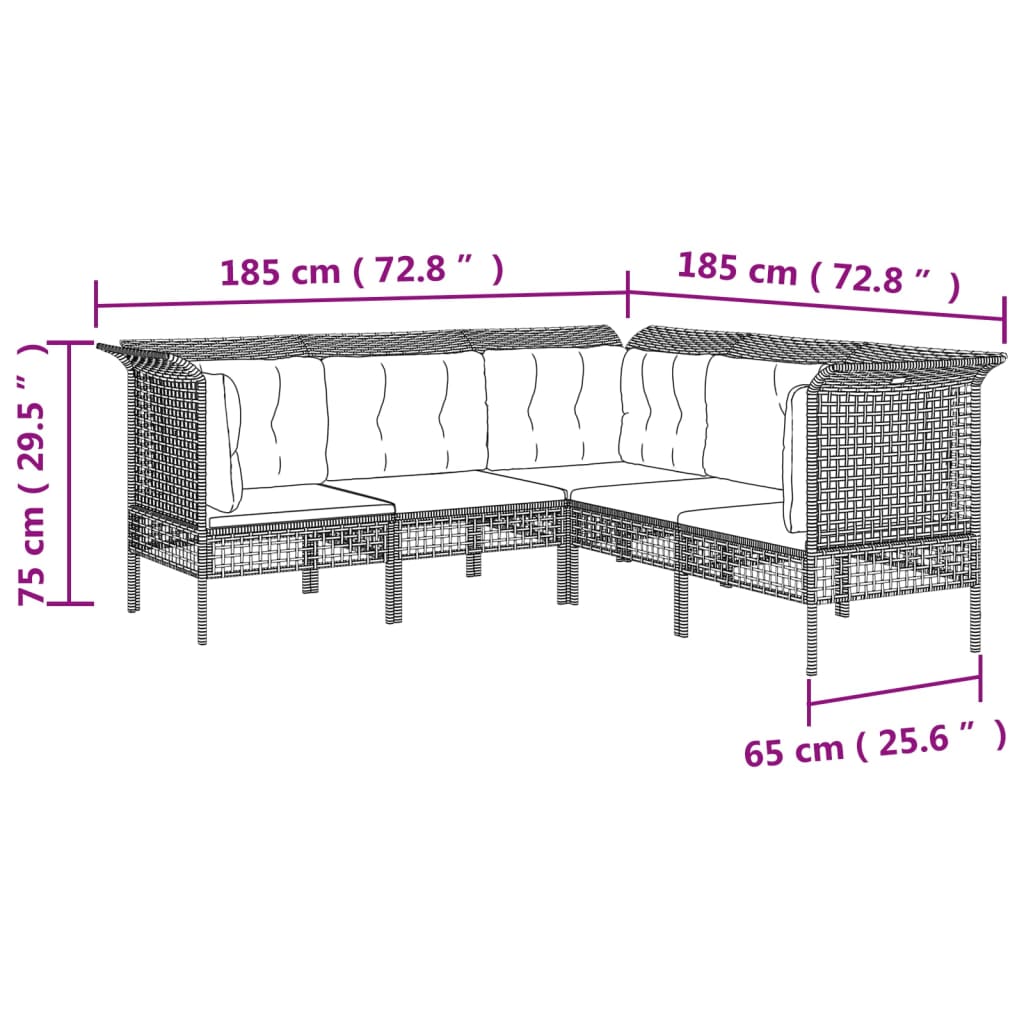 vidaXL 5 pcs conjunto lounge de jardim c/ almofadões vime PE cinzento