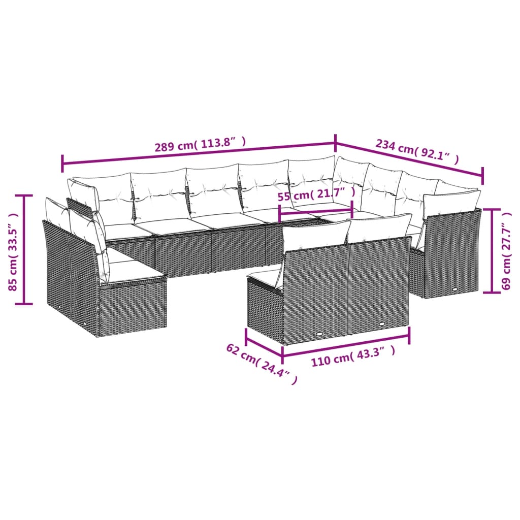 vidaXL 12 pcs conjunto de sofás de jardim c/ almofadões vime PE preto