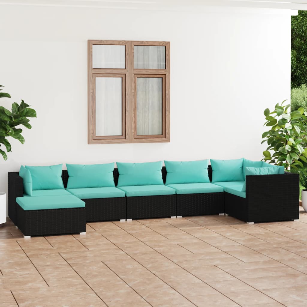 vidaXL 7 pcs conjunto lounge de jardim c/ almofadões vime PE preto