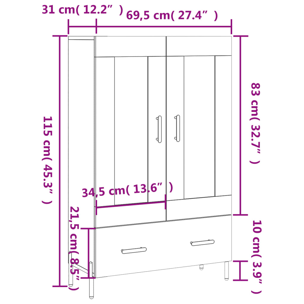 vidaXL Aparador alto 69,5x31x115 cm derivados de madeira branco